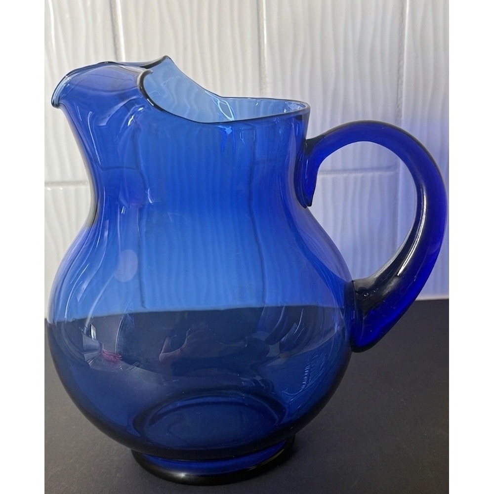 VTG Mid-Century Cobalt Blue Blown Glass Ball Pitcher Ice Lip MCM Art Glass EUC